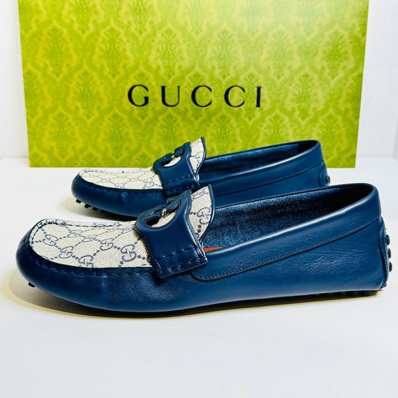 Gucci Interlocking G Driver Loafers Blue Classic Double G Canvas Size 10.5 NEW! - Picture 4 of 16